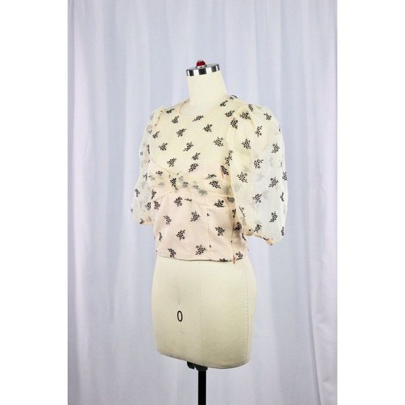 NWOT ZARA Sheer Organza Velvet Floral Puff Sleeve Bustier Crop Top Blouse Size S - Picture 5 of 13
